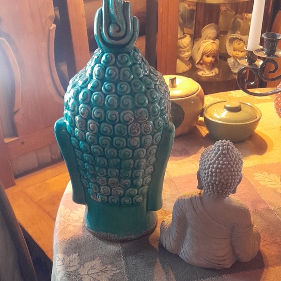 Teal Buddha Head Vase and White Buddha Statue - Picture 3 of 8
